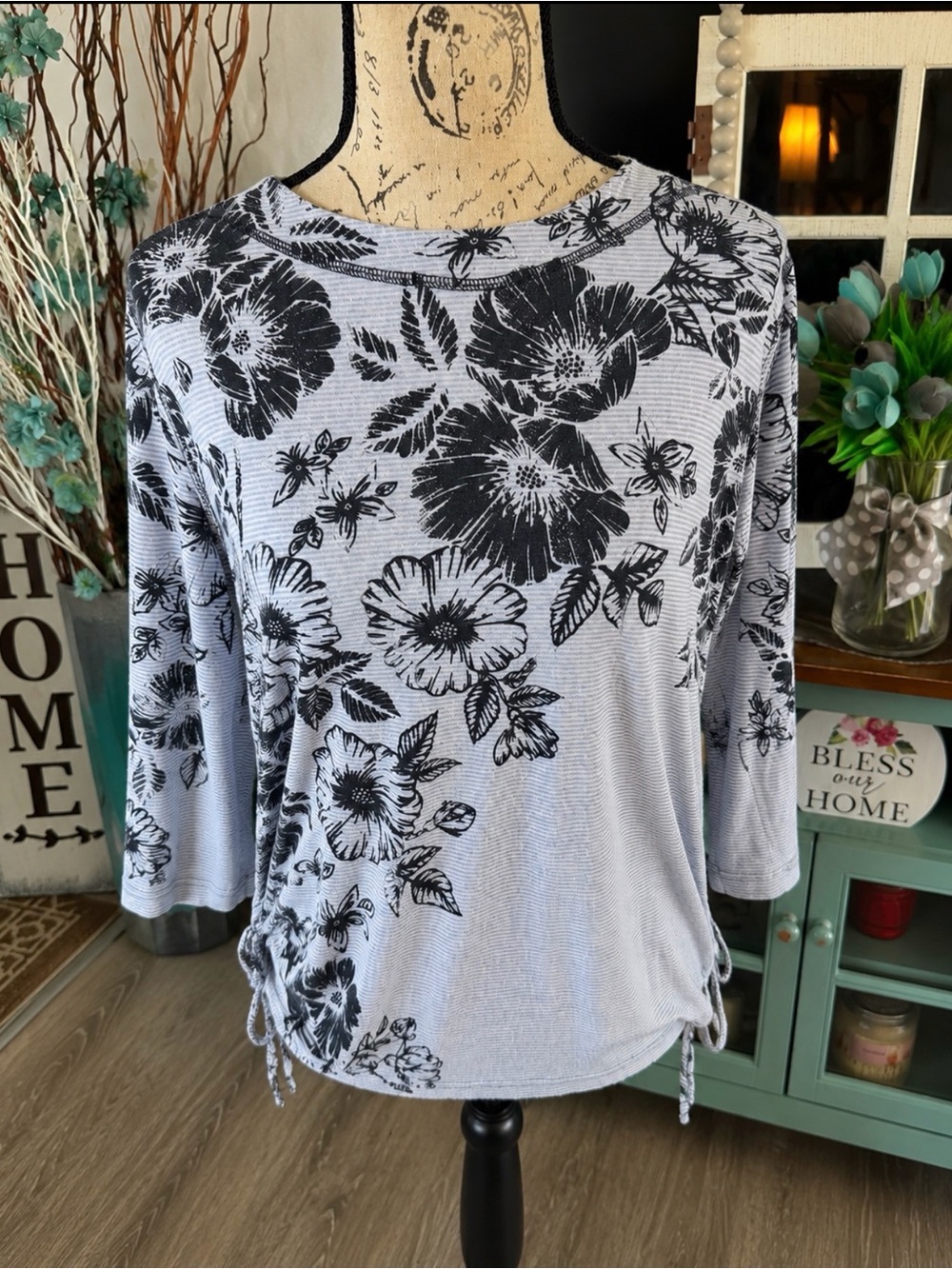 Southern Lady 3/4” Sleeve Floral Knit Top - Light Blue with Navy Print Small